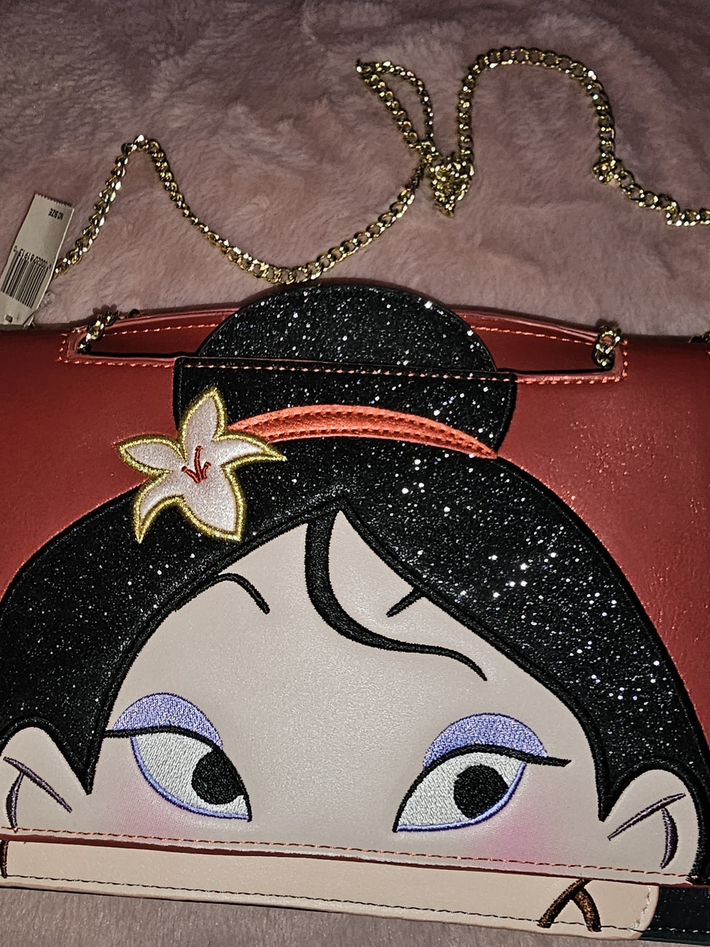 Disney Red Crossbody Bag with Black Glitter and Gold Chain